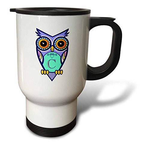 3DroseInitial Letter C Cute Owl In Turquoise Pink &amp; Lavender Stainless Steel&quot; Travel Mug, 14 Oz, Natural