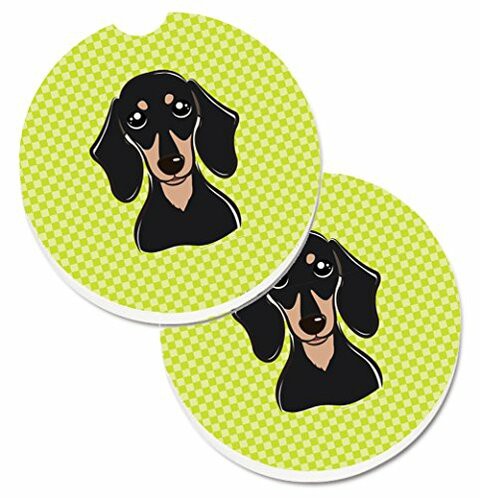 Caroline&#39;s Treasures BB1277CARC Checkerboard Lime Green Smooth Black and Tan Dachshund Set of 2 Cup Holder Car Coasters, Large, multicolor