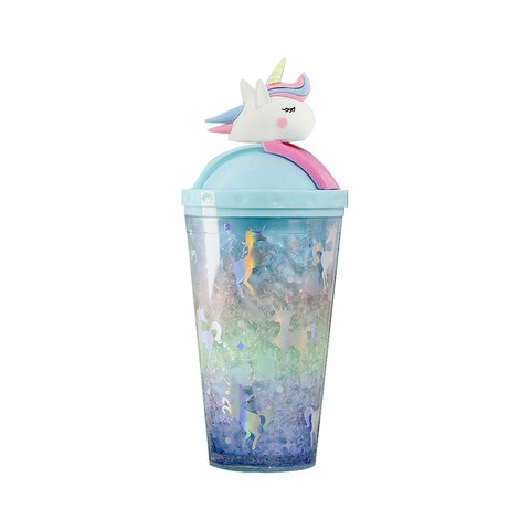 ALISSA-450ml Creative Unicorn Cartoon Straw Mug With Lid Thermal Insulation Double Wall Plastic Cup, Turquoise.