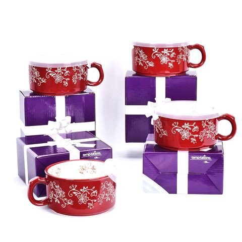 temp-tations Floral Lace Meal Mugs with Gift Boxes Set - 4 Piece - Cranberry