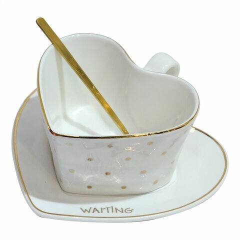 Ceramic Cup with Saucer and small golden spoon , Heart Design - 250mL (White)