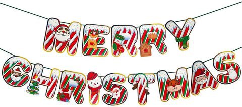 Party Time 1 Set of Stripes White and Red Merry Christmas Banner, Christmas Decorations Indoor Wall Hanging Banner, Christmas Party Supplies Merry Christmas Hanging Decor