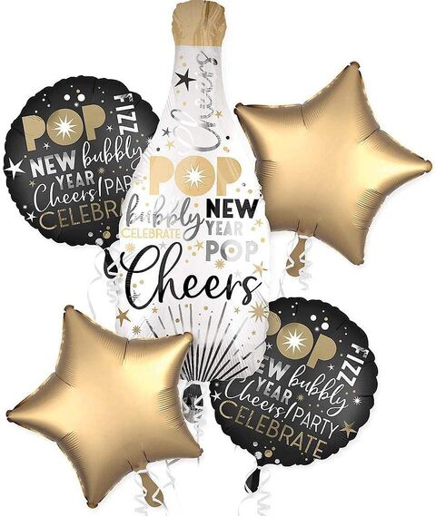 Party Time 5pcs Set of White Champagne Balloon Happy New Year Foil Balloons with Round, Star Foil Balloons for New Year Decoration - New Year Balloons Party Decorations, New Years Eve Party Supplies