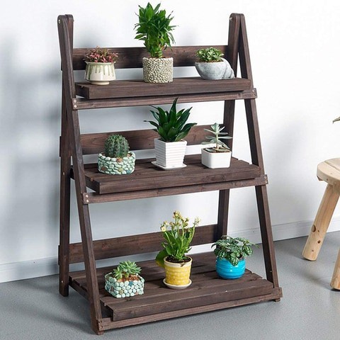 LINGWEI Ladder Design Foldable Wooden Flower Rack Book Shelves Storage Stand Flower Pot Holder 3 floor brown wide stand