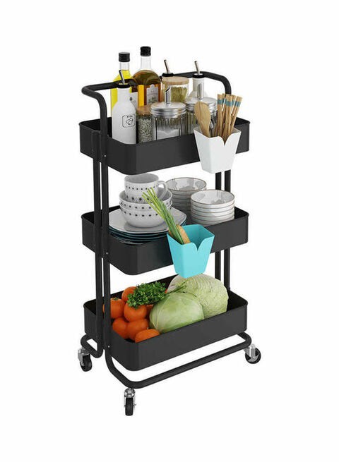 3 Tier Rolling Shelves Metal Cart Organizer black 85x45x35cm