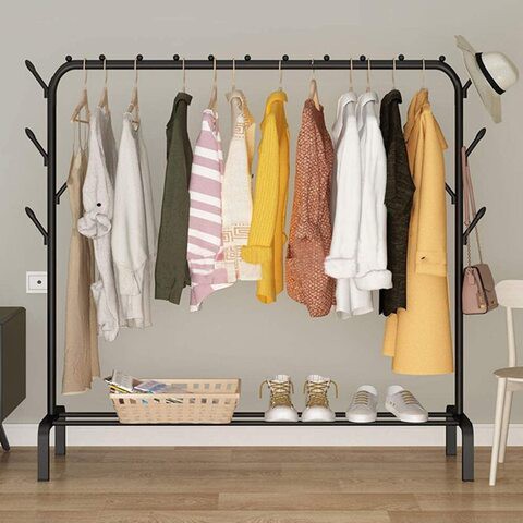 Neza Garment Cloth Rack Stand Clothing Rod Hatstand Single Rail With Side Hook Bottom Storage 110cm Long For Shoes Clothes Jacket Umbrella Hats Scarf Handbags