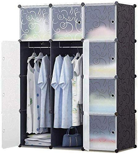 Generic Roland Diy Portable Closet Clothes Wardrobe Bedroom Armoire Storage Organizer With Doors, Capacious &amp; Sturdy, Black (6 Cubes &amp; 2 Hanging Section)