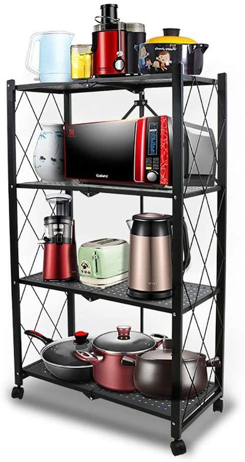 Doreen 4-Tire Kitchen Microwave Racks Shelving Storage Unit Foldable Bread Racks, Storage Racks, Trolleys, Metal Organizer Wire Rack for Home Kitchen (Black-1, 4 Layer)