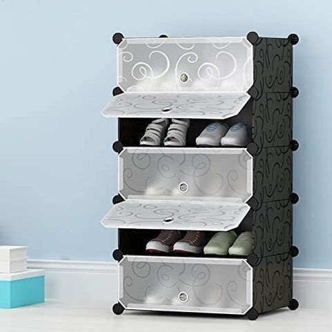 Doreen Shoe Rack,DIY Modular Plastic Storage Organizer with Doors,Shelving Bookcase Storage Unit Closet (5 Cubes)（GC1732A）