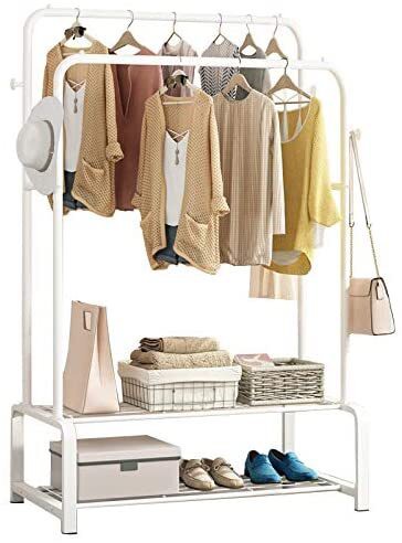 Clothing Double Rod Garment Rack with Shelves, Metal Hang Dry Clothes Rack for Hanging Clothes，Double layer ，4 Hooks，White (47.5inch)