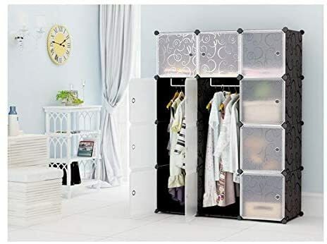 Generic Portable Closet Clothes Wardrobe Bedroom Armoire Storage Organizer With Doors, Capacious &amp; Sturdy, Black, 6 Cubes+2 Hanging Sections