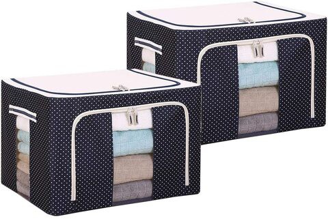 Beauenty 2Pcs Stackable Storage Box Polka Dots Shoe Holder Container Organizer See-Through Window Double Zipper Folding - Dark Blue (66L)