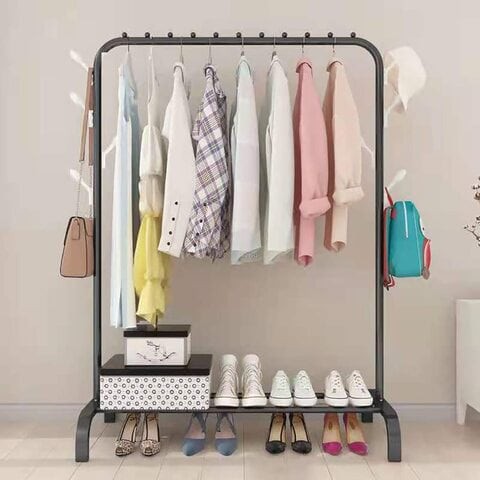 Althiqah Clothes Rack, Clothing Garment Rack Metal Double Rail Hanging Clothes Storage Shelf For Boxes Shoes Boots Commercial Grade Multi-Purpose Entryway Shelving Unit (0409-1-Black)