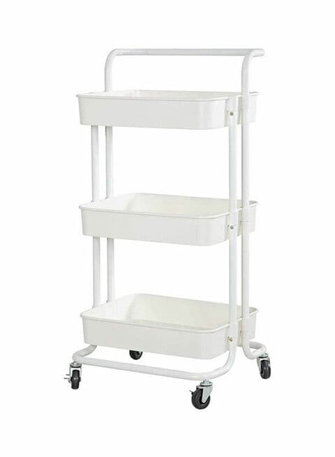 3-Tier Utility Cart Rolling Storage Shelf With Handles 2 Lockable Wheels White 86x42x30centimeter