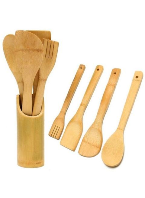 Generic 5-Piece Spoon And Wooden Holder Set Beige Standard