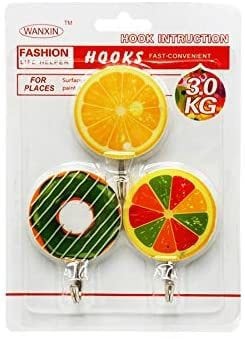 Strong Adhesive Wall Hooks (Round Fruit Shaped Designed Hook), Multi-Purpose Use Hook, Very Attractive (Pack of 3 Units).