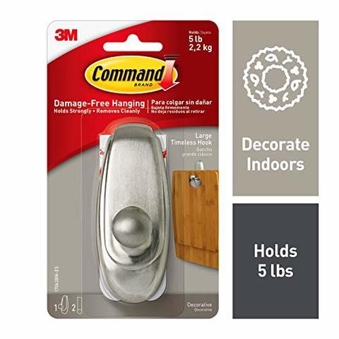 Command Timeless Hook, Large, Brushed Nickel, 1-Hook (17063Bn-Es), Great For Dorm Decor