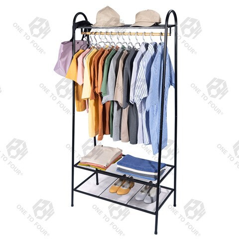 ONE TO FOUR Garment Rack Heavy Duty Free-Standing Clothes Rack With Top Rod, Multi-Functional Bedroom Hangers With 2 Shoe Shelves, Black