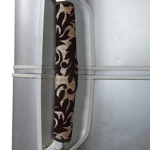 Kuber Industries Floral Velvet 2 Piece Fridge Handle Cover Set - Brown