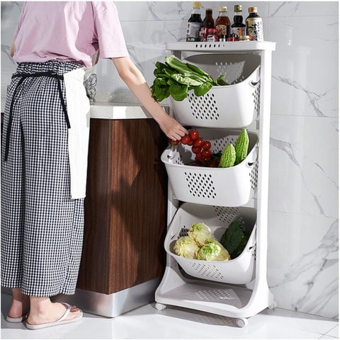 3 - Tier Storage Rack with Wheel for Vegetable toys organization Laundry Basket White