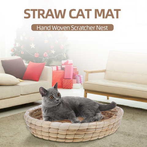 Generic-Straw Cat Mat Hand Woven Scratching Nest Pad Cat Straw Weaving Cushion Bed for Cats Kittens Birds Rabbits