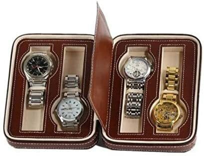 Generic Luxury Leather Portable Watch Travel Case Brown Zipper Book 4 Slots Box