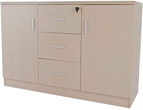 Mahmayi Melamine On Mdf Carre 1147 Credenza - Contemporary and Tough Wooden Storage Cabinet With Three Drawer Storage - W120Cms X D40Cms X H80Cms (Beige) ME1147Oak