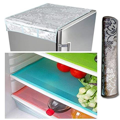 Kuber Industries Cloth 3 Pieces Fridge Mat, 1 Piece Handle Cover and 1 Pieces Fridge Top Cover (Multi)-CTKTC2815