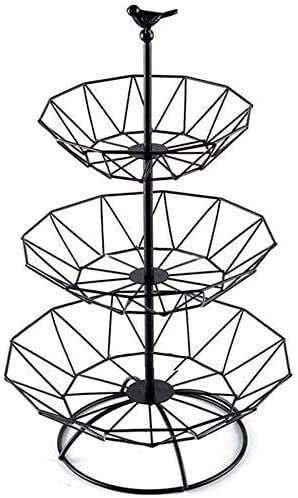 NuSense 3 Tier Metal Basket Decorative Modern Fruit Rack with Large Capacity for Fruit Vegetables Bread and Snacks (Black)