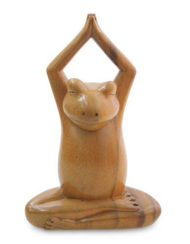 Novica Brown Suar Wood Sculpture, 7.75&quot; Tall &#39;Toward The Sky Yoga Frog&#39;