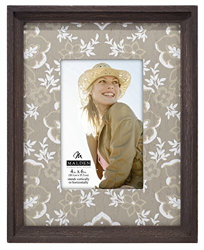 Malden International Designs Rustic Distressed Wood Fashion Loma Picture Frame With Silkscreened Floral Wood Mat Picture Frame, 4X6, Brown