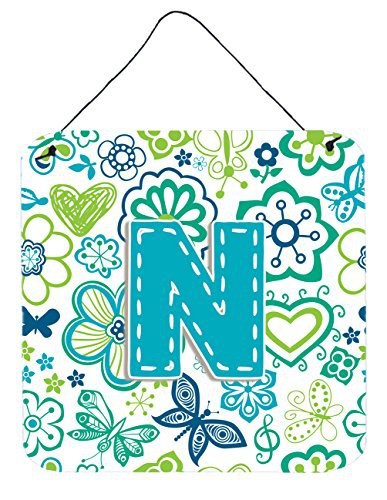 Caroline&#39;s Treasures Letter N Flowers And Butterflies Teal Blue Wall Or Door Hanging Prints, 6 X 6