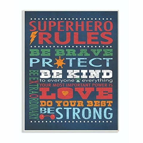 The Kids Room By Stupell Dark Blue Superhero Rules Rectangle Wall Plaque, 11 X 0.5 X 15, Proudly Made In Usa