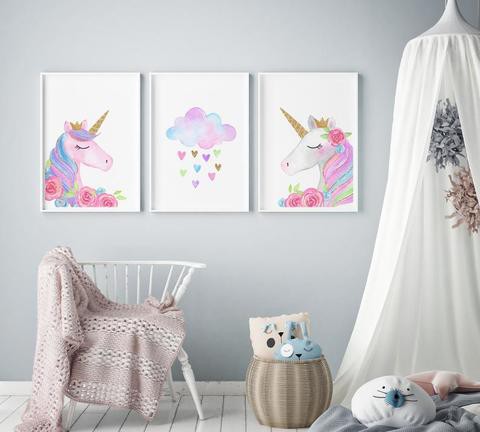 Sweet Pea Set of 3 Wall Art Prints - Watercolour Unicorn &amp; Cloud &amp; Swan