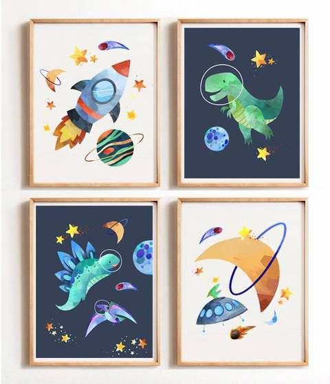 Sweet Pea Set of 4 Dinosaur Space Wall Art Prints