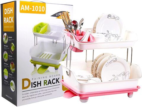 Dish Drying Rack 2 Tiers Holder Plastic Kitchen Tray Drainer Organizer Holder (Green)