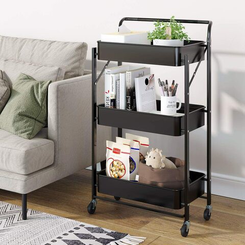 Goldedge 3-Tier Rolling Utility Storage Cart Black Steel Frame