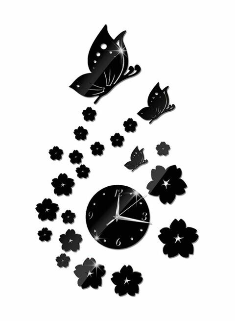 Generic Mirror Wall Stickers 3D Clock Butterfly Pattern Ca005 Living Room Decoration Black/Silver