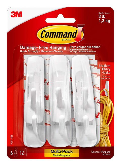 3M Command Plastic 2 Hooks and 4 Medium Strips (White, Pack of 3) (17001-VP-6PK)