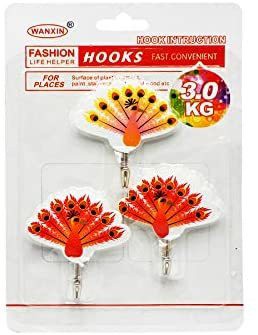 Strong Adhesive Wall Hooks (Cute Peacock Printed Designed Hook), Multi-Purpose Use Hook, Very Attractive (Pack of 3 Units).