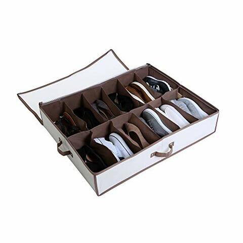 Smart Design Underbed 12 Compartment Shoe Organizer Storage Bag - Holds 12 Pairs of Shoes - Cotton Canvas w/ Aromatic Cedar - Home Organization (30 x 6 Inch) [Canvas]