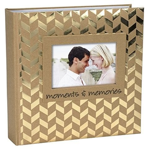 Malden International Designs Sentiments Moments &amp; Memories With Memo Photo Opening Cover With Gold Foil Accents Brag Book, 2-Up, 160-4X6, Tan