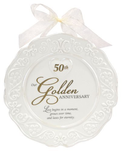 Malden International Designs Glazed Ceramic 50Th Anniversary Plate With Gold Accents And Ribbon For Hanging, 9X9, White