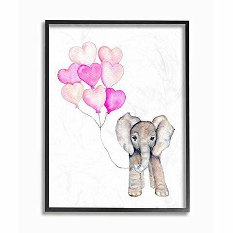 Stupell Industries The Stupell Home D Cor Collection Baby Elephant With Pink Heart Balloons Framed Giclee Texturized Art, 11 X 14