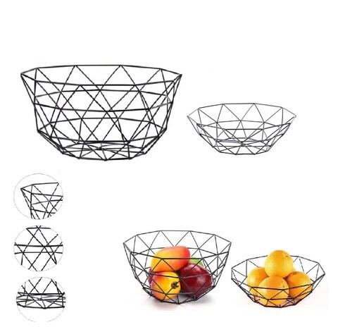 ALISSA Pack of 2Pcs Creative Geometric Metal Wire Basket Decorative Fruit Storage Bowl Countertop Display (Black)