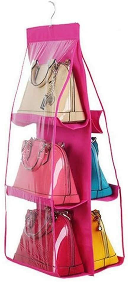 Generic Skeido 6 Pockets Handbag Hanging Purse Storage Anti-Dust Cover Large Clear Bag Holder Organizer Closet Rack Hangers Save Space (Pink)