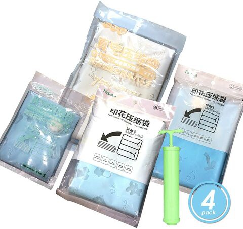 ALISSA Pack of 4Pcs Vacuum Bags with Pump Tear Resistant Travel Space Saver Bags for Closets (4 Sizes/Set)