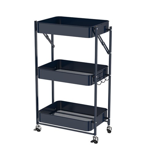 ECVV 3-Tier Foldable Metal Rolling Utility Cart Organizer Shelf Storage Cart for Office Home Kitchen Bathroom Laundry Room Store etc. Black