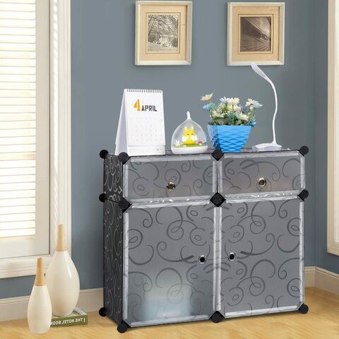 Langria DIY Modular Closet Organizer Unit Cabinet With 2 Large Plastic Cubes, 2 Cubbies, And Steel Frames For Multipurpose Use (Black White Curly Pattern)