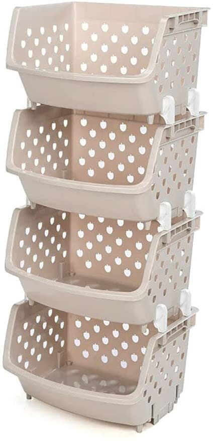 Jjone 4-Pack Stackable Storage Bins, Plastic Baskets Rack, Kitchen Storage Shelf Baskets, Stacking Stand Organizer For Kitchen Bathroom Vegetable Fruit Food Organizer (Grey)